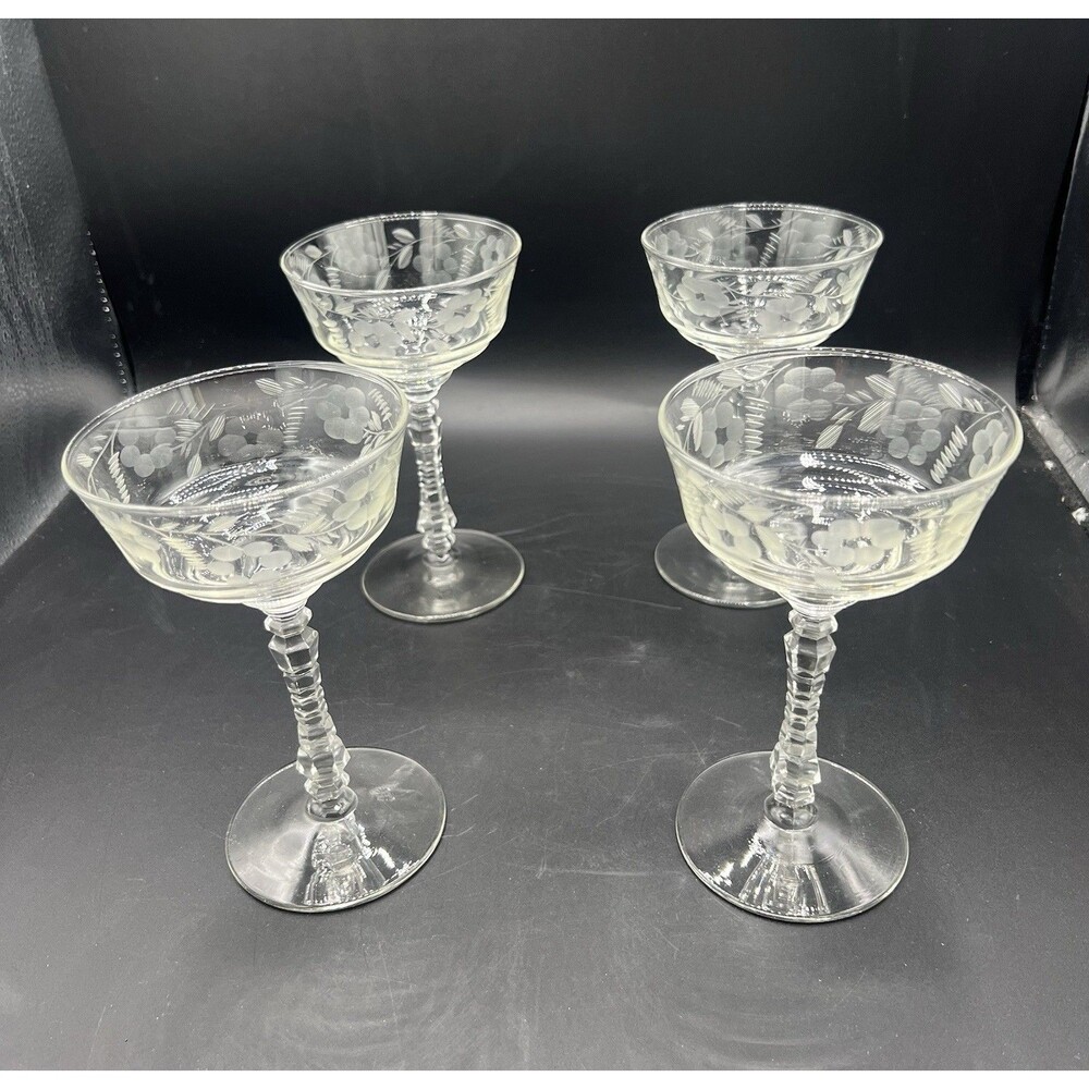 Set 4 Libbey Rock Sharpe Halifax Crystal Champagne Coupe Glasses Etched Floral
